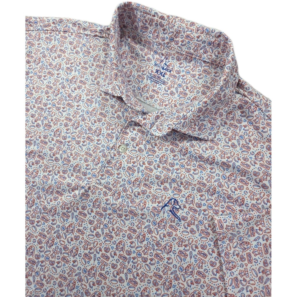 Rhoback Men’s Polo, the "JAWN" White Polo with Blue& Red Philadelphia Land Marks
